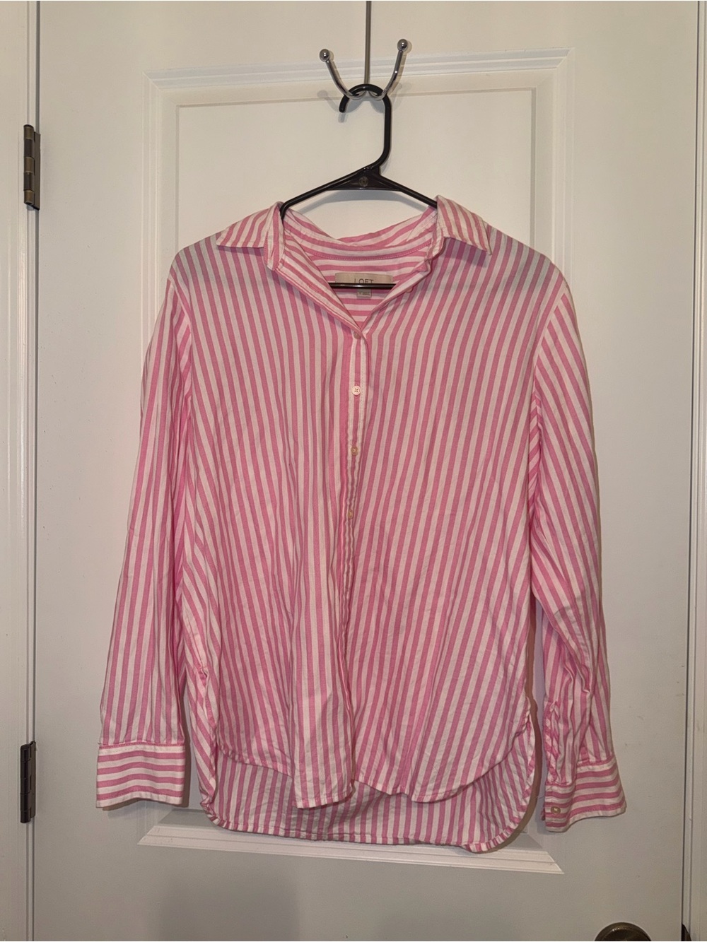 LOFT Pink and White Striped Button-Down Shirt